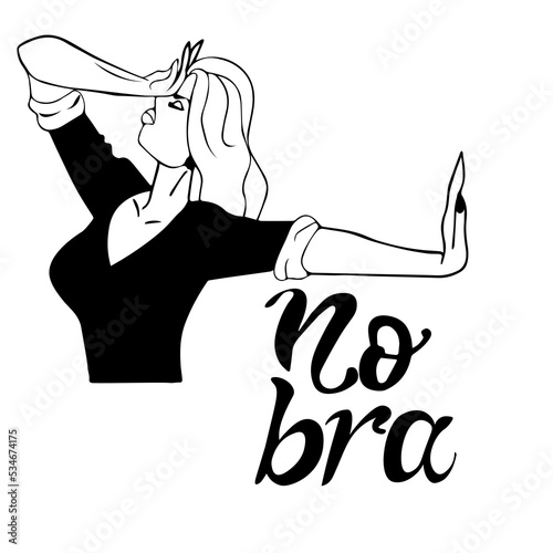 no bra. girl with hair covers her face with her hand, stops wearing bra. October 13 is the international day. poster, postcard, video blog cover concept. concept of freedom, feminism, bodypositive