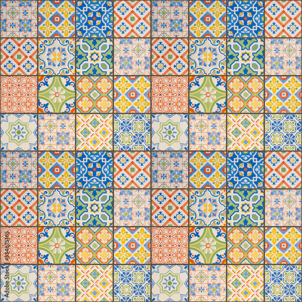 Old colorful seamless flowers leaves vintage geometric shabby mosaic ornate patchwork motif porcelain stoneware tiles, mosaic stone concrete cement tile mirror wall texture background square pattern - obrazy, fototapety, plakaty 