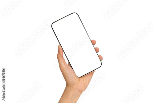 Mockup image of Hand Women holding blank white screen mobile phone.
