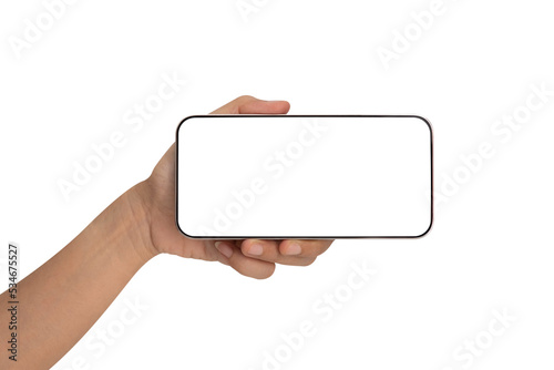 Mockup image of Hand Women holding blank white screen mobile phone.