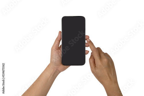 Mockup image of Hand Women holding blank white screen mobile phone. photo