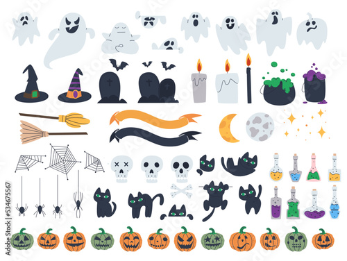 Set of elements on the theme of halloween. Ghosts and black cats, witch's potion and terrible pumpkins are symbols of the holiday. Flat vector illustration, eps10
