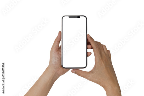 Mockup image of Hand Women holding blank white screen mobile phone. photo
