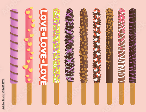 Assorted chocolate dipped pepero sticks vector illustration. Biscuits with different flavors and toppings isolated on background