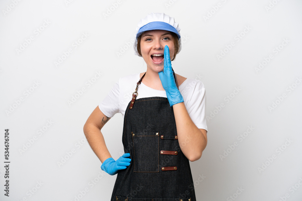 Fishmonger woman wearing an apron shouting with mouth wide open