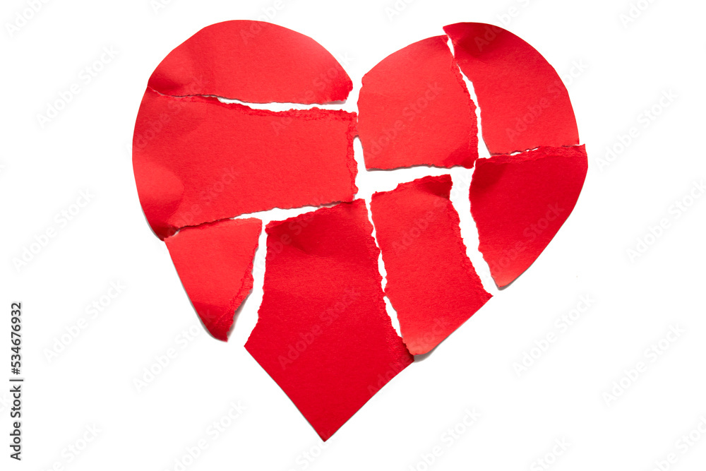 Broken heart breakup concept separation and divorce icon. Torn paper red heart into many small pieces on an isolated white background. Broken heart breakup concept separation and divorce icon. Torn paper red heart into many small pieces on an isolated white background.