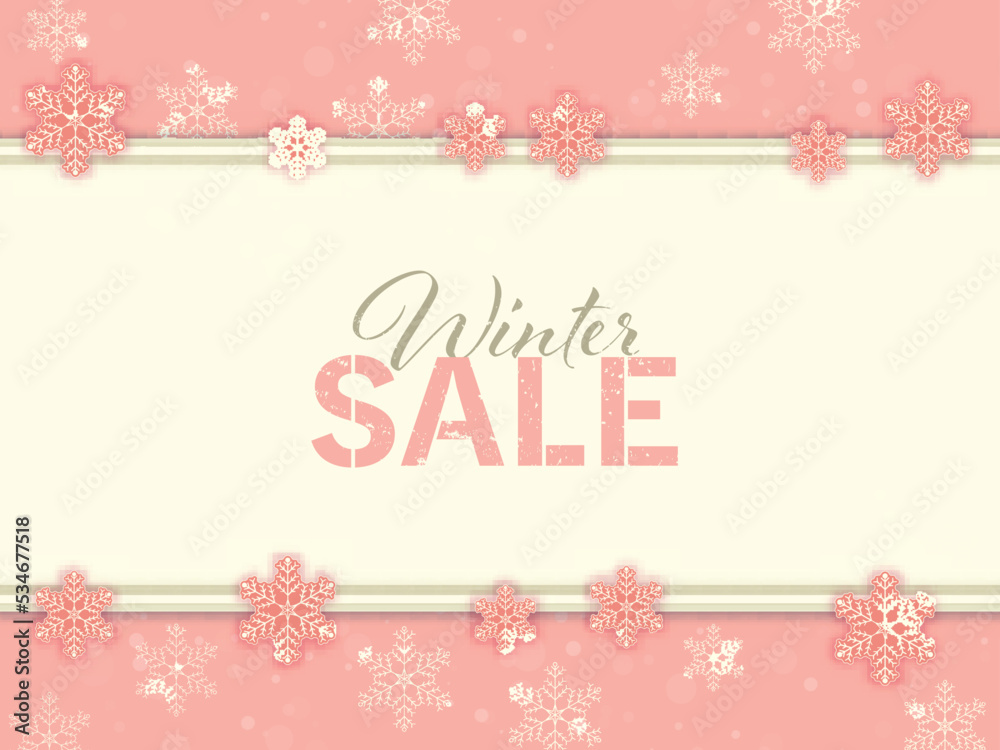 Winter Sale Poster Or Banner Design Decorated With Snowflakes On Peach Pink And Beige Background.