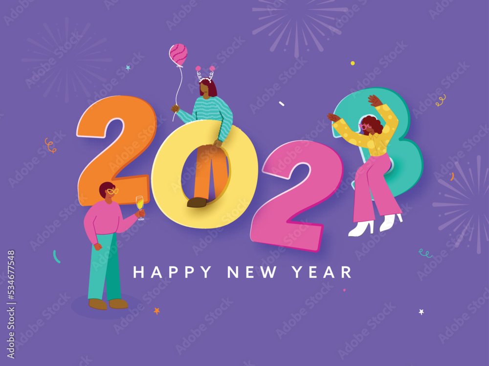 Colorful 2023 Number With Cartoon People Enjoying And Celebrate On Violet Fireworks Background For Happy New Year Concept.