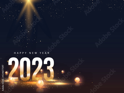 Golden 2023 Number With 3D Balls Or Beads, Lighting Effect On Blue And Brown Background For Happy New Year Concept.