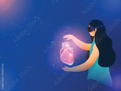 Young Woman Protecting Human Organ Heart Through VR Box On Blue Lights Effect Background.