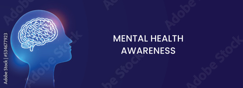 Awareness Mental Health Day Banner Or Header Design With Human Head Brain On Blue Background.