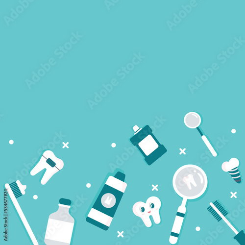 Top View Of Dental Care Icon Collection On Turquoise Background.