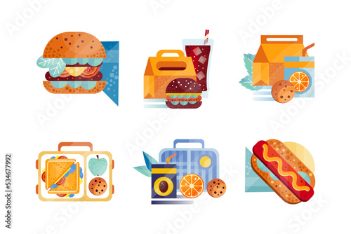 Lunch boxes set. Burger, sandwich, hot dog snack products vector illustration