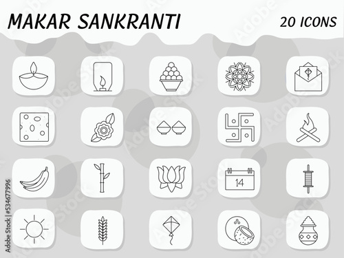 Isolated Black Thin Line Makar Sankranti Icon Set.
