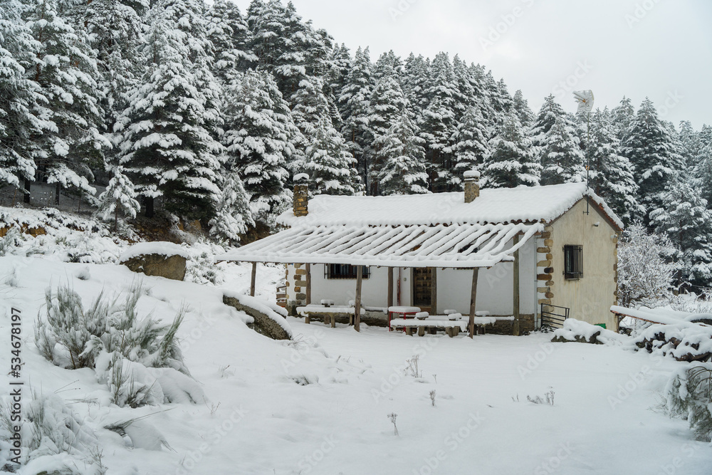 Avila, Spain,  rural house in a beautiful snowy environment with large trees covered with snow.