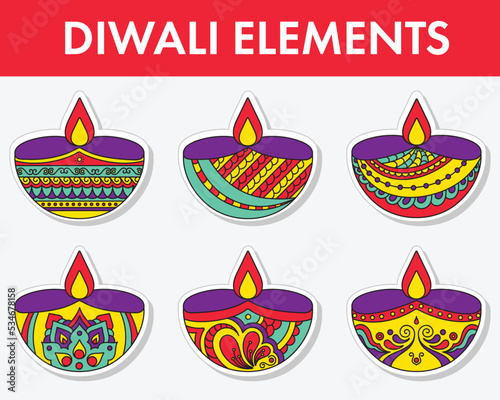 Various Colorful Floral Diyali (Oil Lamp) Element Set In Sticker Style.