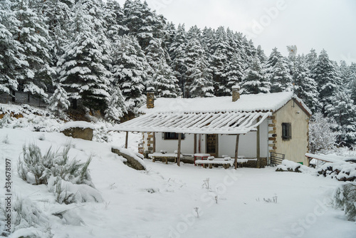 Avila, Spain, rural house in a beautiful snowy environment with large trees covered with snow.