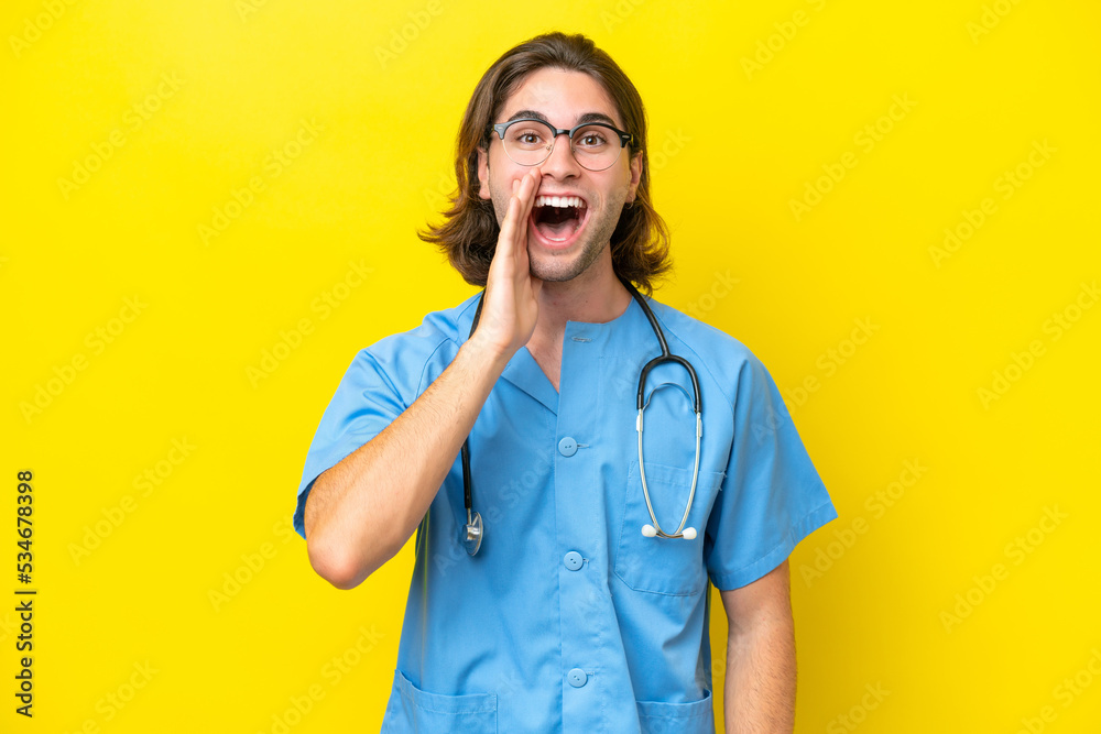 Young surgeon caucasian man isolated on yellow background with surprise and shocked facial expression Young surgeon caucasian man isolated on yellow background with surprise and shocked facial expression