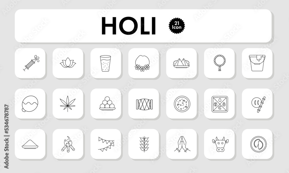 Black Thin Line Holi Icon Set On Grey Background. Black Thin Line Holi Icon Set On Grey Background.