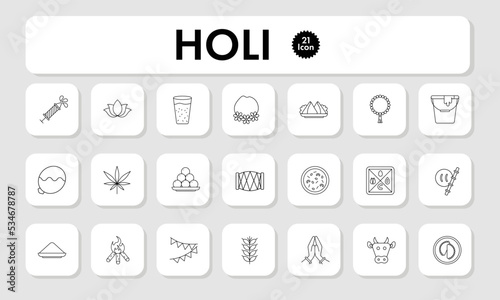 Black Thin Line Holi Icon Set On Grey Background.