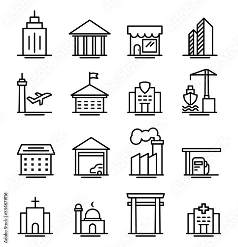 Minimalist simple Set of Buildings Related Vector Line Icons. Contains such Icons as Church, Mosque Stadium, Medical Hospital and more. Editable Stroke. Let's Make your design Easier