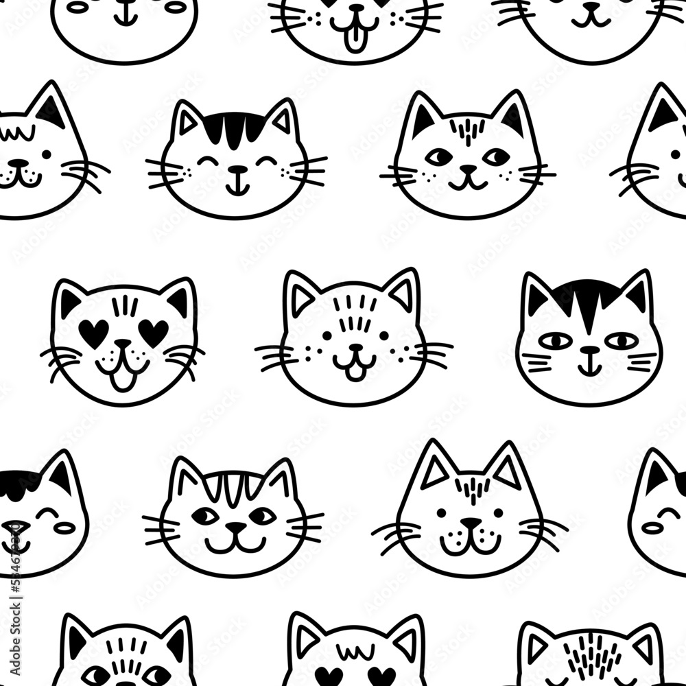 Trendy cartoon seamless pattern with cute doodle cat faces on transparent background. Funny vector illustration for kids. Childish style. Black and white color