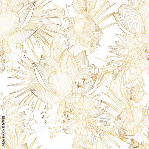Tropical exotic floral line golden palm leaves and flowers seamless pattern, line background. Exotic jungle wallpaper. 