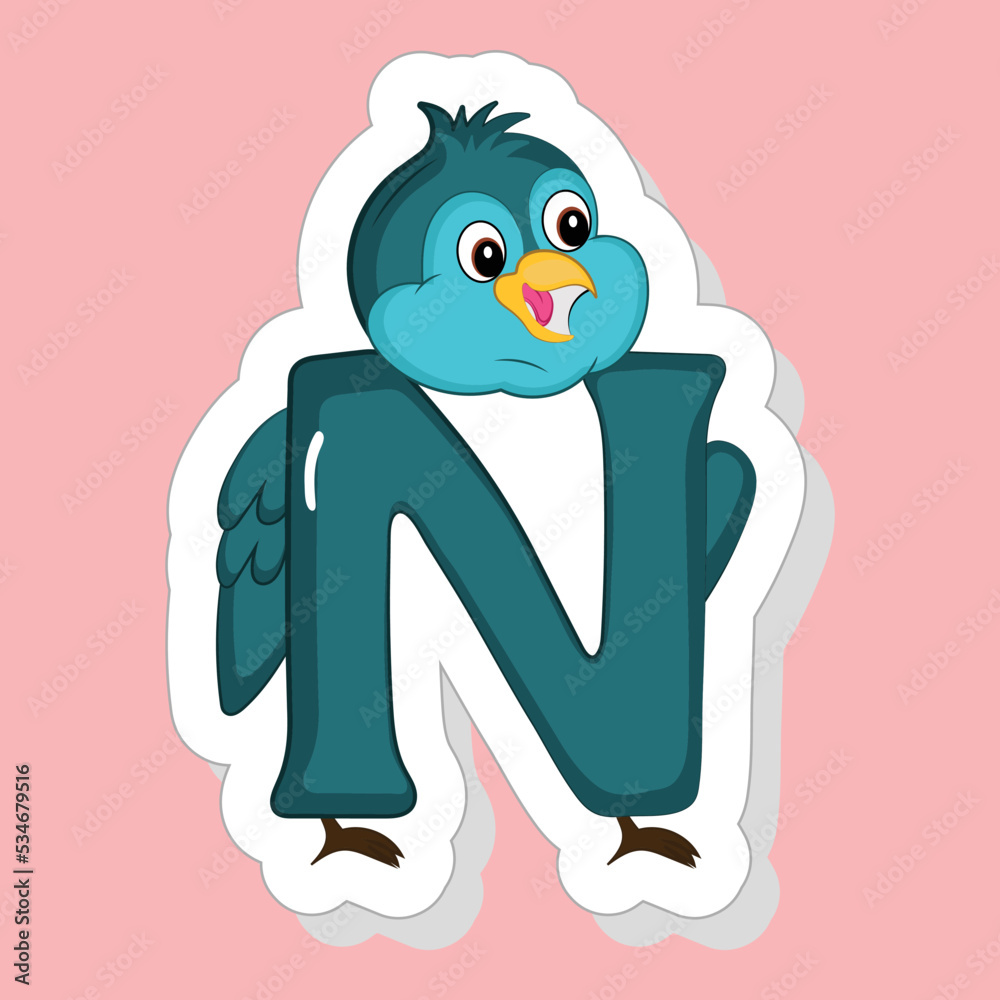 Fototapeta premium Sticker Style N Alphabet Animal Cartoon Nightingale On Pink Background.