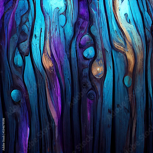 Driftwood wood, melting multicolor metallic crayon colors, splatter and long drips inner illumination, dark-blue light-blue black dark-purple and violet water, cinematic lighting, photo r
