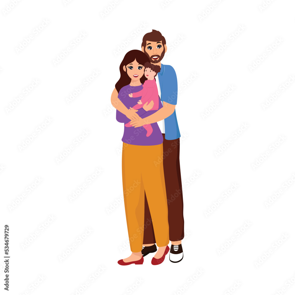 Cute Young Couple Standing With A Daughter On White Background. Cute Young Couple Standing With A Daughter On White Background.
