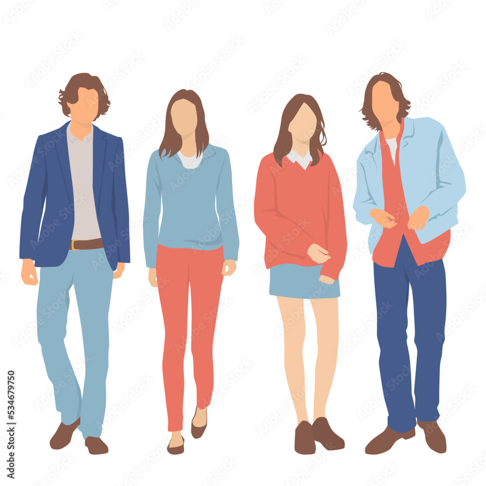 Obraz premium Set of young men and women, different colors, cartoon character, group of silhouettes of standing business people, students, the design concept of flat icon, isolated on white background