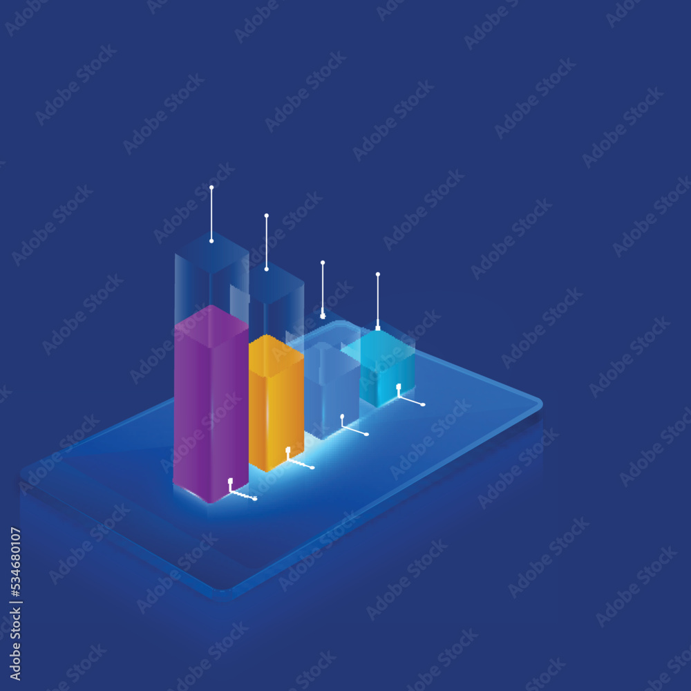 3D Render Of Colorful Growth Bar Graph Over Smartphone Screen On Blue Background. 3D Render Of Colorful Growth Bar Graph Over Smartphone Screen On Blue Background.