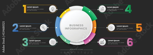 Timeline Business Infographics Diagram With Six Options On Black Background.