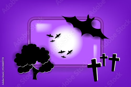 Scary Halloween Night. Silhouette of bats and full moon over the cemetery. Vector illustration