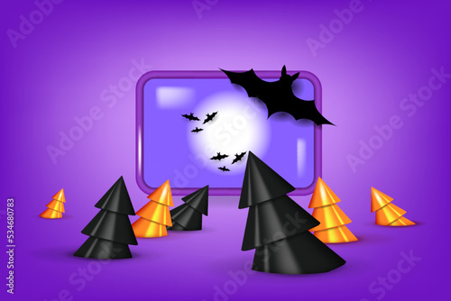 Scary Halloween Night. Dark landscape with fallen forest, bats and full moon. Vector illustration