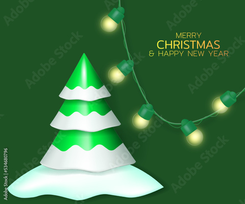 Merry Christmas and Happy New Year background. Realistic Christmas tree, white snowdrifts and light bulbs glowing garland. Festive design with realistic 3D objects