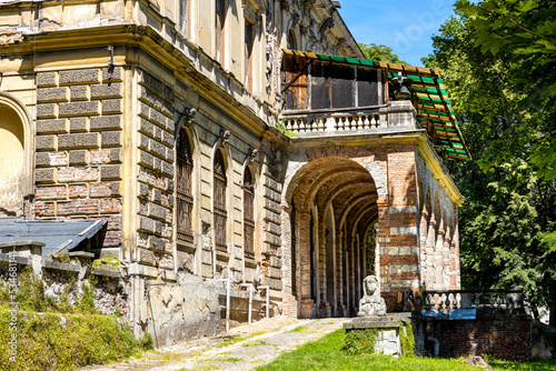 Ruined renaissance and baroque historic castle complex with palace and garden in old town quarter of Pilica in Silesia region in Poland photo