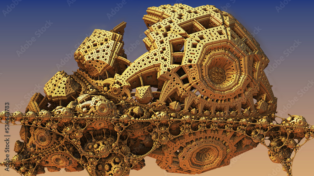 Naklejka premium Abstract background 3D, fantastic ancient civilization architecture, gold color structures and constructions, 3D render illustration.