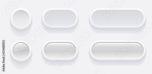White buttons for user interface, simple white grey 3D modern design for mobile, web, social media, business. Minimal style UI icons set, vector illustration.