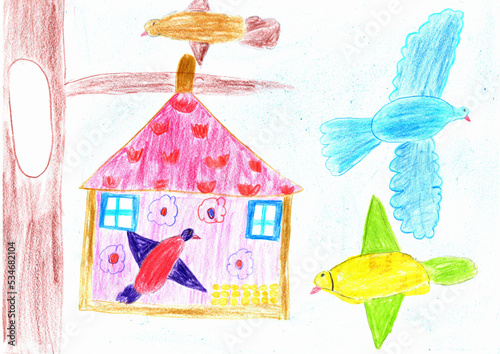 Bird bird feeder on tree. Children drawing birds eat food from trough on tree