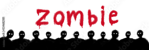 Silhouette of a horde of zombies with the word zombie in red on a white background. Banner design for Halloween. Digital art style. illustration painting.