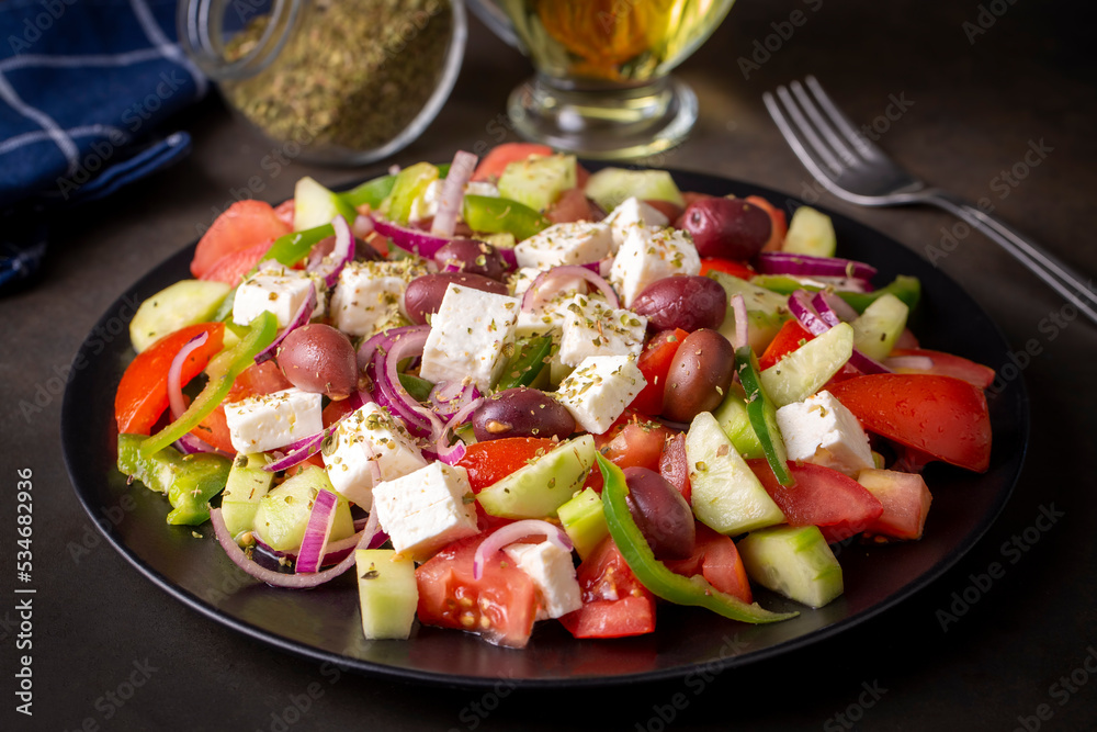 Traditional Greek salad served with feta cheese.