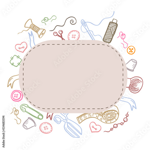 Hand drawn set with sewing and knitting tools and accessories threads and scissors, needles, metering, button. Vector for tailoring atelier, fashion design. Doodle sketch style.