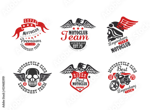 Motorcycle club retro badges set. Biker club, motorcycle repair shop, t-shirt print vintage labels vector illustration