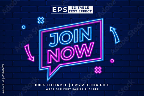 Editable text effect join now 3d neon style premium vector