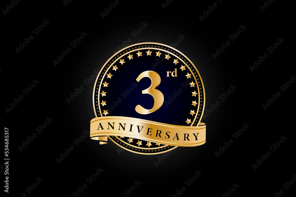 3rd anniversary golden gold logo with gold ring and ribbon isolated on black background, vector design for celebration.