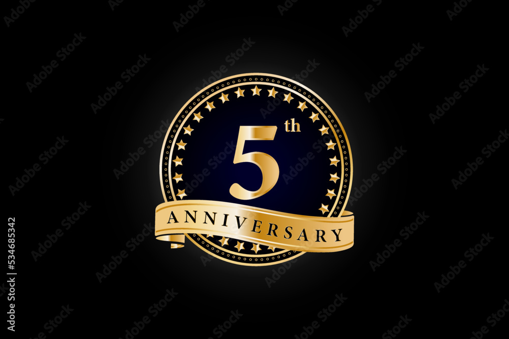 5th anniversary golden gold logo with gold ring and ribbon isolated on black background, vector design for celebration. 5th anniversary golden gold logo with gold ring and ribbon isolated on black background, vector design for celebration.