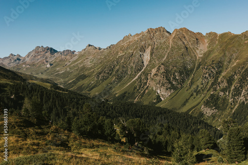 Morning view of Paraid Naira peak in summer, in the Alps, from Idalpe Ski Station, in Ischgl, Tyrol, Austria