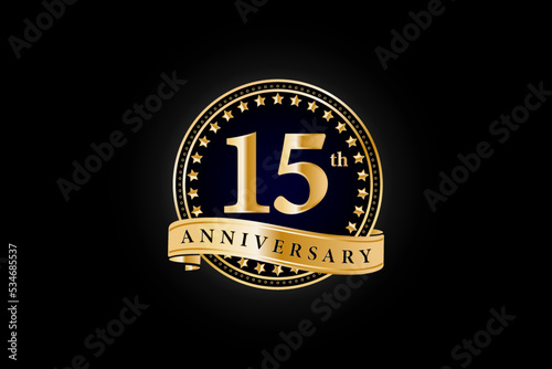 15th anniversary golden gold logo with gold ring and ribbon isolated on black background, vector design for celebration.