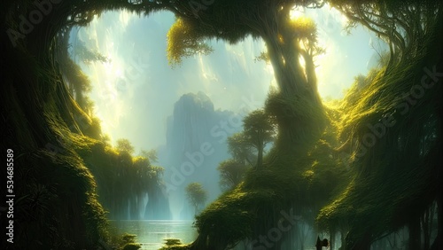 Fantasy landscape with unreal trees and mirror river. Sun rays  shadows  fog  reflection in the water. Unreal world. 3D illustration.